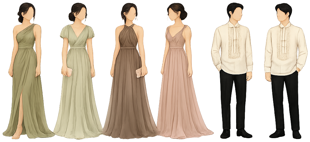 Guest sample look — olive, sage, mocha and taupe gowns with cream barong